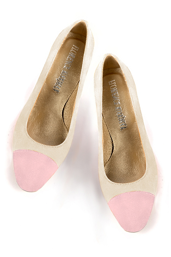 Light pink and champagne beige women's dress pumps, with a round neckline. Round toe. High kitten heels. Top view - Florence KOOIJMAN